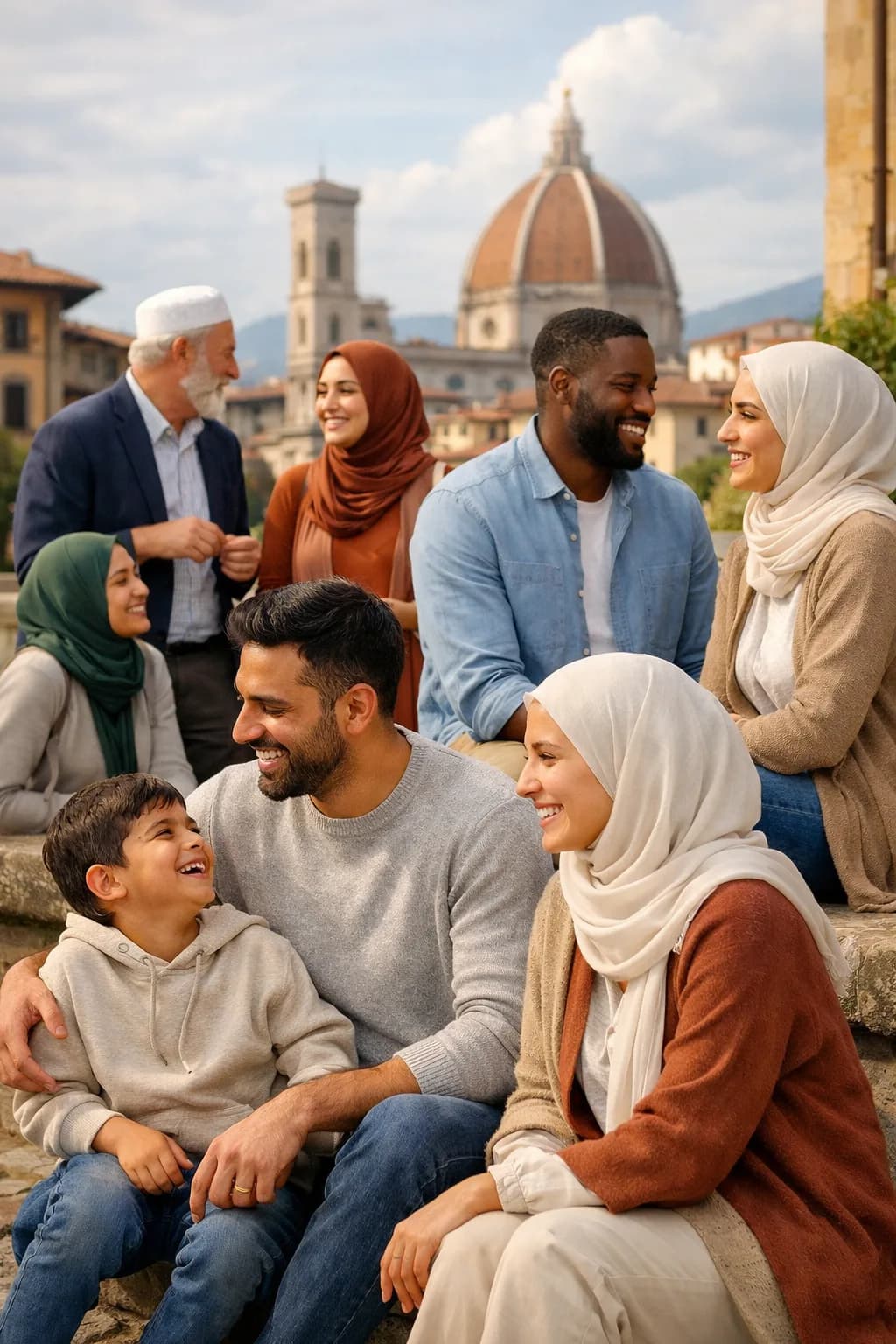 Gruppo eterogeneo della community musulmana in uno spazio urbano italiano moderno 1